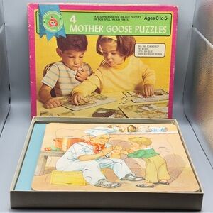 Vintage Mother Goose Puzzle Set – 4 Wooden Tray Puzzles – Complete – Playskool